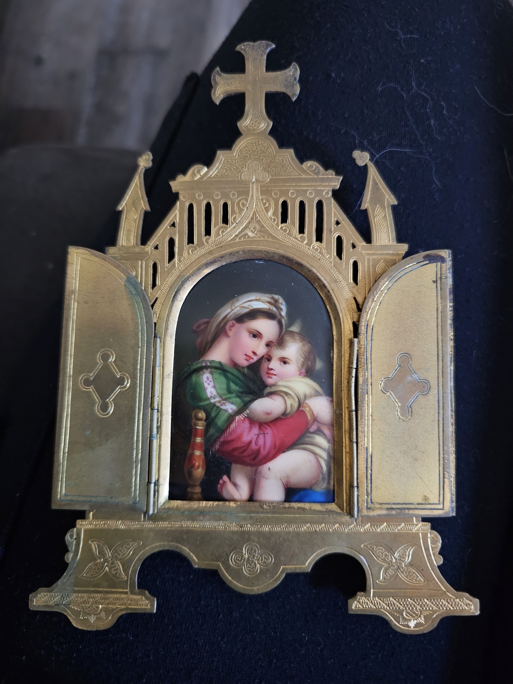 Gold Toned Religious Triptych Frame with Madonna and Child Image
